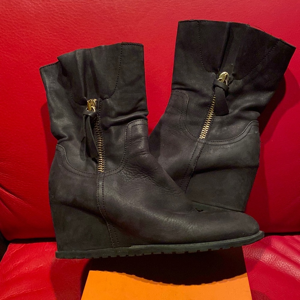 Italian Black Suede Gray Leather Lining Mid Calf Booties